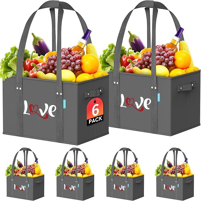 WISELIFE Reusable Grocery Bags 6 Pack Heavy Duty Foldable Shopping Tote Bags | 23L, with 11 inch Handles, Reinforced Bottom, Stand Up Stay Open, Waterproof, Foldable, Letter Print with Heart by WiseLife