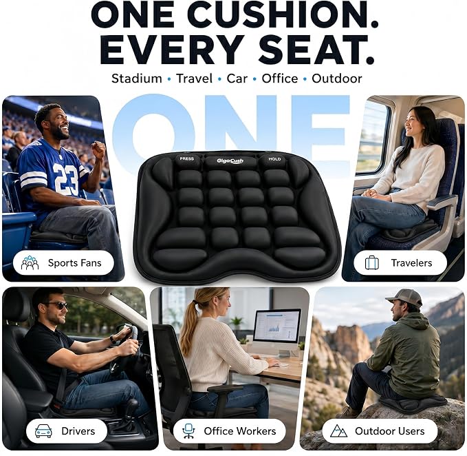 Airplane Seat Cushion for Long Flights, Inflatable Travel Seat Cushion with Built-in Pump, Adjustable Air Cell Support, Lightweight Portable Seat Pad for Stadiums and Concerts, Black - Image 6