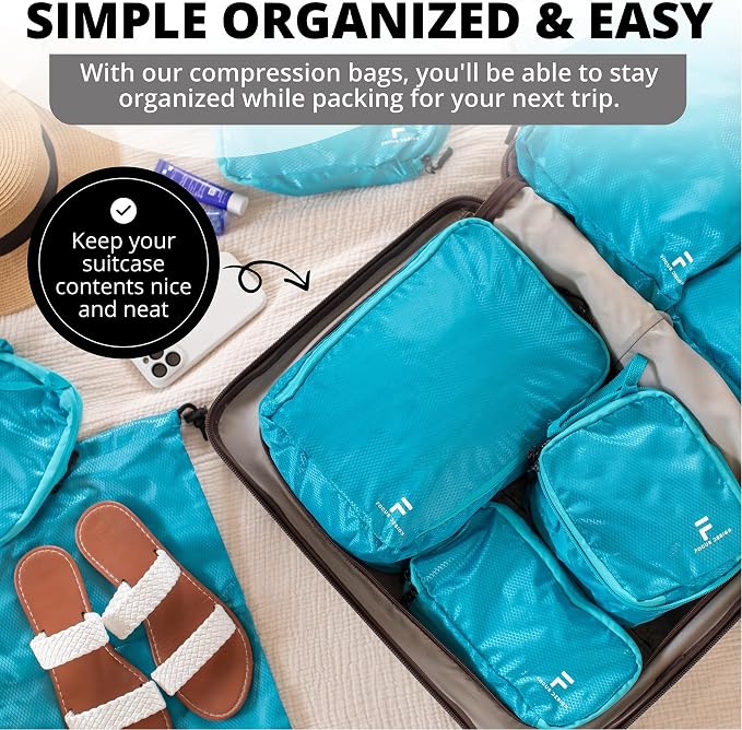 8 Piece Compression Packing Cubes Set - Double Capacity Design for Travel - Small, Medium & Large Sizes - Carry-On Suitcase Organizer Bags (Turquoise) - Image 5