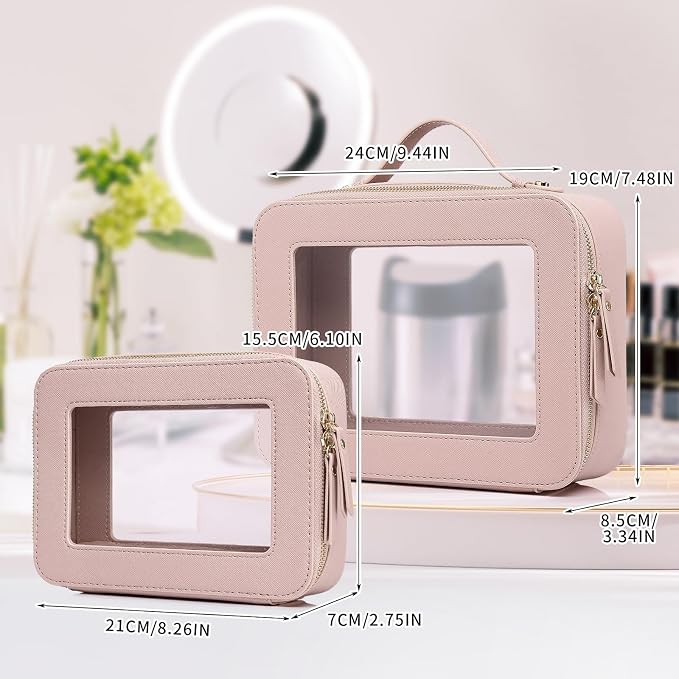Pinkmik Clear Makeup Bag, (Pink, M+L) | 2PC,Waterproof, Travel Cosmetics and Toiletries Case, Portable Makeup Organizer, Clear Car Bag with Zipper - Image 4