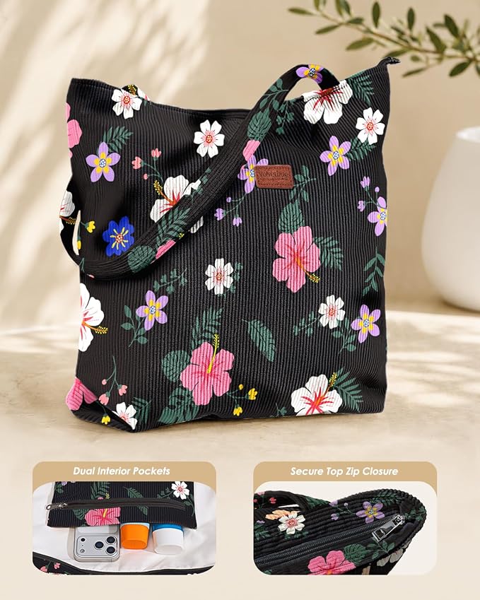 Aesthetic Corduroy Tote Bag with Zipper for Women | Reusable, Fits 14 Inch Laptop, Inner Pocket, double-sided print, Lightweight - Image 4