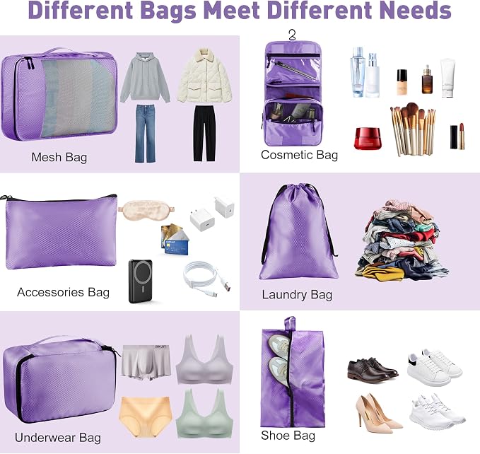 Toncoke 8-Piece Packing Cubes for Travel, 2026 Upgraded Durable Zippers & Reinforced Mesh, Complete Luggage Organizer Set with Shoe/Toiletry/Laundry Bags, 4 Sizes for Suitcase, Men Women, (Purple) - Image 5