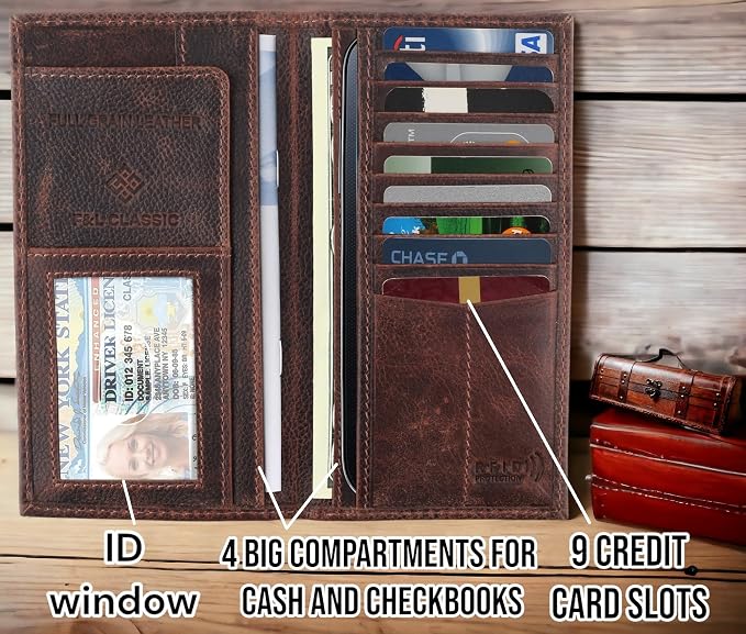 F&L CLASSIC Men's RFID Vintage Look Genuine Leather Long Bifold Wallet Checkbook Wallets,hard wax crunch,240-52 - Image 3