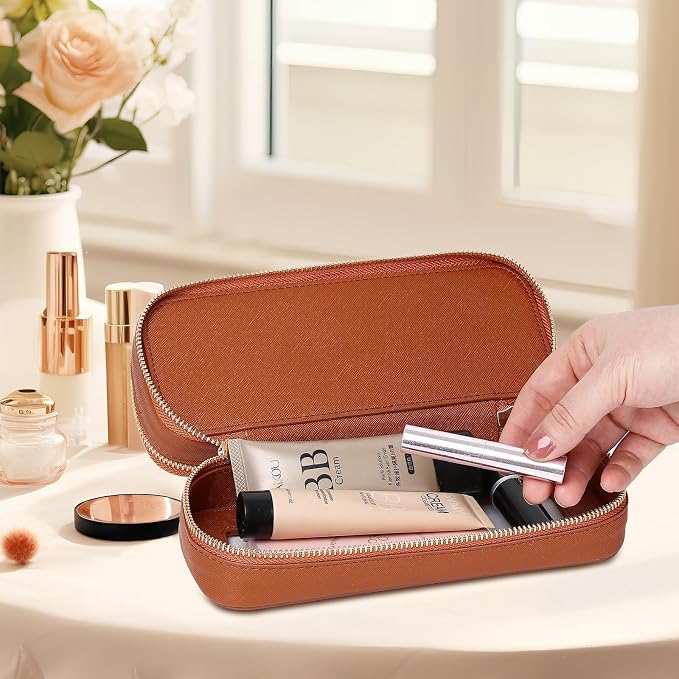 Pinkmik Double Layer Makeup Bag, Brown, Double SLIM | Makeup Brush Case, Waterproof, Travel Cosmetic & Toiletry Organizer, Car Essentials for Women - Image 3
