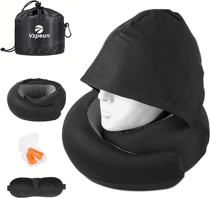 Travel Pillow - Hooded Neck Pillow Airplane Memory Foam Filling | for Plane, Office, Cars Sleeping, Road Trip, Long Flights Essentials, Includes Eye Mask & Earplugs (Black) by Vzpeun