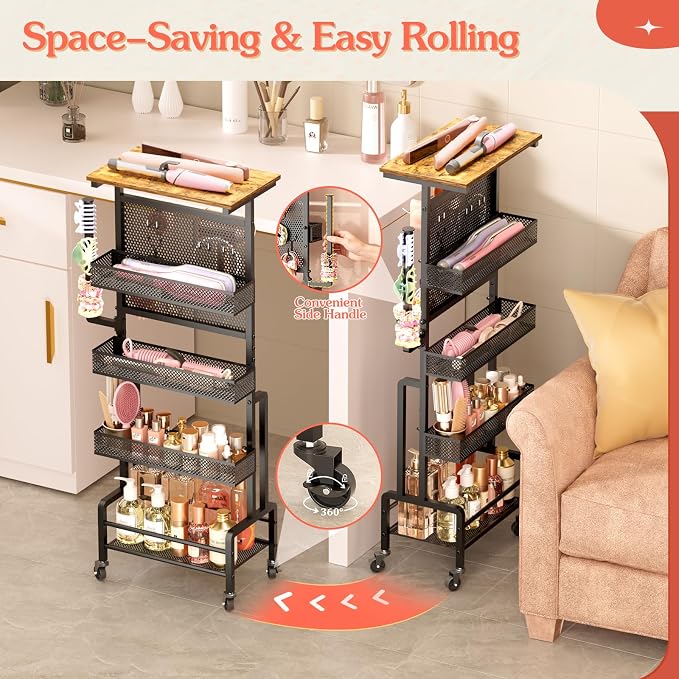 VINAEMO Hair Tool Organizer Cart, Slim Rolling Hair Dryer Holder for Vanity Bathroom Salon, Hot Tool Storage Cart with Heat Resistant Basket for Curling Flat Iron, Blow Dryer Care & Styling Tools - Image 5