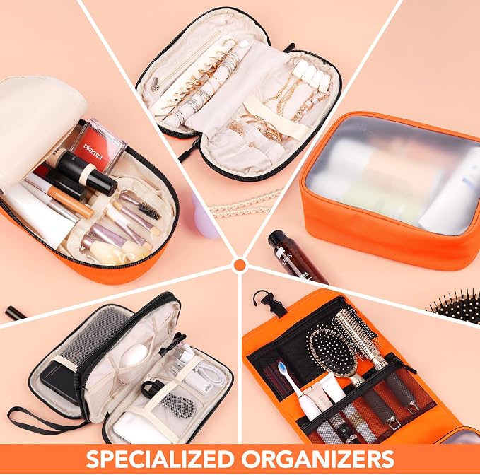 5-Piece Travel Toiletry Bag for Women, Organize Toiletries & Cosmetics | Personal Travel Essentials, with Hanging Toiletry Bag, Clear Cosmetic Bag, Makeup Bag, Jewelry Case & Cable Pouch- Orange - Image 4