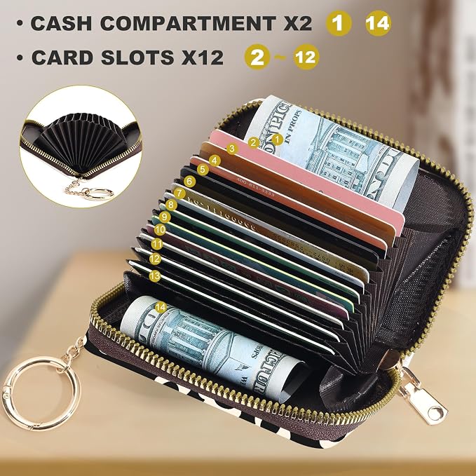 Credit Card Holder for Women,Small Rfid Wallet with Keychain Zipper,Cute PU Leather Card Case Wallet，Accordion Credit Card Wallets Gift,Beige Flower - Image 3