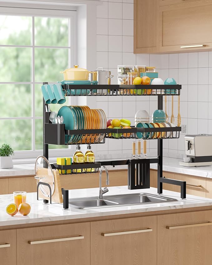 Sakugi Over The Sink Dish Drying Rack - Adjustable 3 Tier XX-Large Capacity Stainless Steel Drainer with Cutlery & Utensil Holders, Kitchen Storage & Organization, 31.5"-39.5"L x 12"W x 30.5"H, Black - Image 7