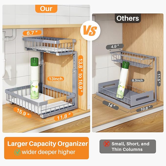 PXRACK Under Sink Organizer, Adjustable Height, 2 Tier Pull Out Under Cabinet Organizer, Slide Out Thickened Metal Under Sink Storage for Kitchen Bathroom Laundry Pantry Cabinet, Grey, Large-1-Pack - Image 2