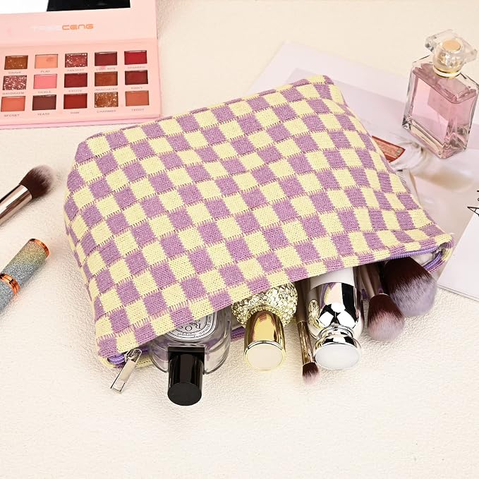 SOIDRAM 2 Pieces Makeup Bag Large Checkered Cosmetic Bag Capacity Canvas Travel Toiletry Bag Organizer Cute Makeup Brushes Aesthetic Accessories Storage Bag for Women,Checkered L Purple Light blue - Image 4