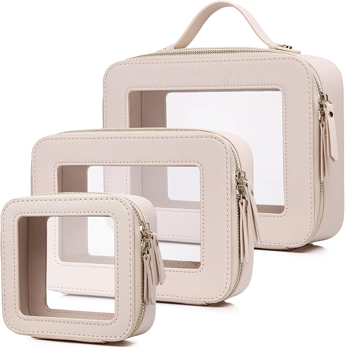 Pinkmik Clear Makeup Bag, (Beige, L+M+MINI) | Waterproof, Travel Case for Cosmetics and Toiletries, Women's Purse Organizer, Clear Car Bag with Zipper by Pinkmik