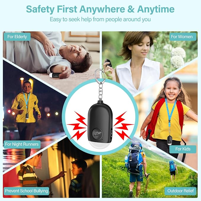 Hion Personal Safety Alarm for Women, 3 Pack Rechargeable 130dB Self Defense Keychain with LED Flashlight, Emergency Safe Sound Security Alarm for Children Elderly, White+Pink+Black - Image 6
