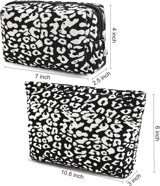 SOIDRAM 2 Pieces Leopard Print Makeup Bag Large Cosmetic Bag Capacity Canvas Mix Travel Toiletry Bag Organizer Cute Makeup Brushes Aesthetic Accessories Storage Bag for Women, Leopard Print Mix Black - Image 3