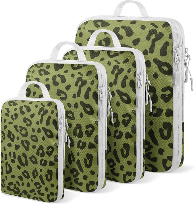 4 Set Compression Packing Cubes For Travel Bags Organizer For Luggage Suitcase Organizer, Compression Bags For Travel Accessories Luggage Storage Set (4 Pcs, Green Leopard) by Unknown