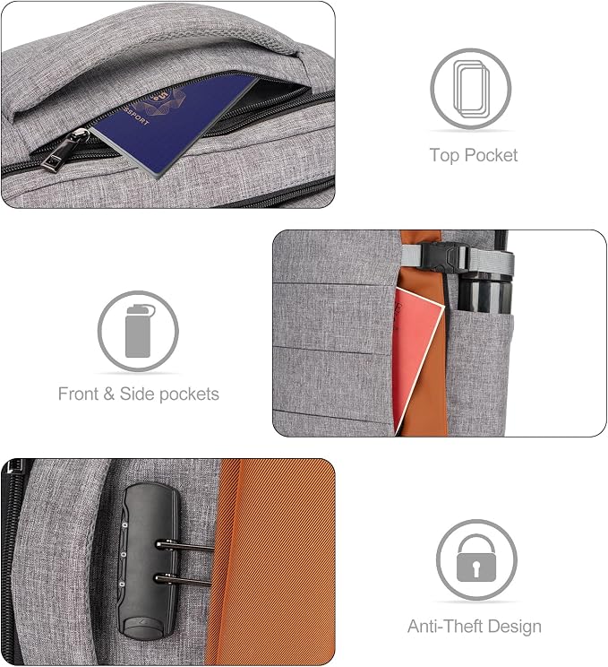 Tzowla 40L Expandable Travel Laptop Backpack for Men Women Carry on Flight Approved,Large Capacity Anti Theft Backpacks with Giant Tumbler Holder Pocket,Personal Item Bag Fit 17.3" Computer（Grey - Image 4