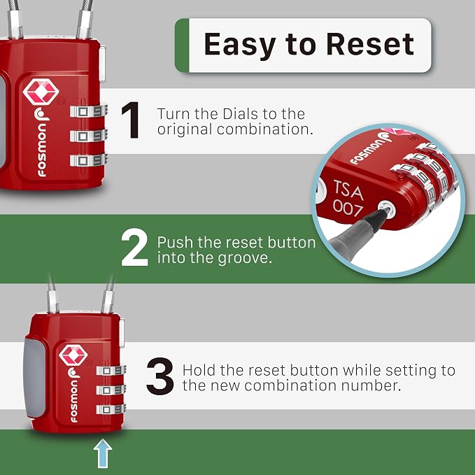 Fosmon TSA Approved Cable Luggage Locks, 3 Digit Combination, 2 Pack Red | Push Release Button, Re-settable Combo, Durable Alloy Body, Suitcase Travel Lock, Travel Bag Cable Padlock - Image 6