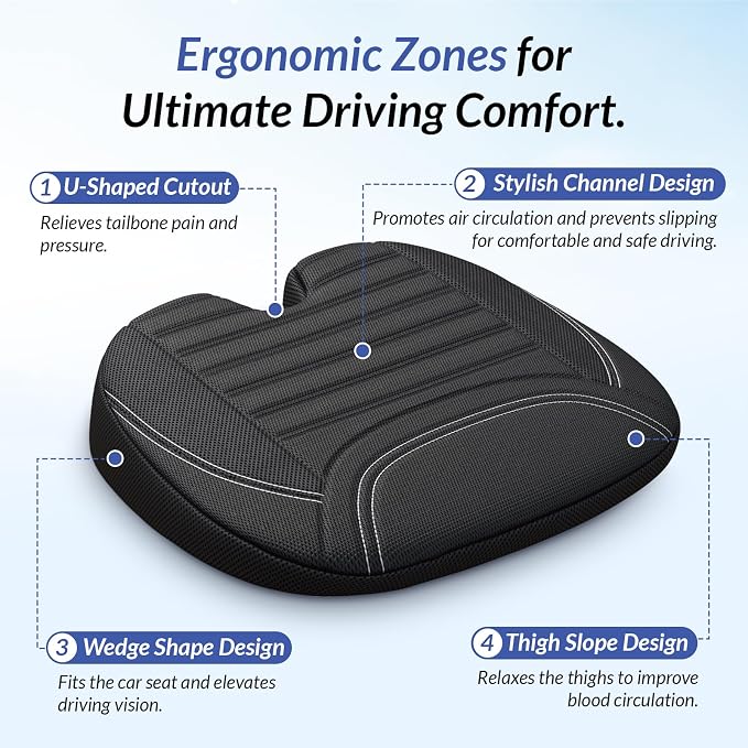 Wedge Car Seat Cushion for Tailbone Pain Relief & Better Visibility | Ergonomic Memory Foam Seat Cushion for Car with Breathable Channel Design, Fits Car, SUV, Truck, Non-Slip Mesh Cover - Image 2