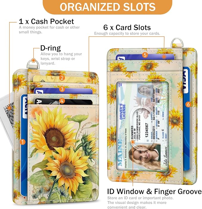 Yonlevres Sunflower Credit Card Holder Slim RFID Wallet Women Small Travel | Front Pocket, Handy, RFID Blocking, Woman Girls Ladies Gifts, D-ring for Keychain,Thin Mini Card Case, ID Window, PU Leather - Image 4