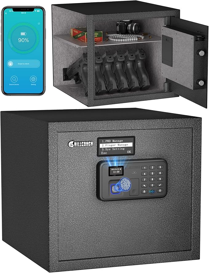 BILLCONCH Biometric Gun Safe for Multiple Handguns Quick Access Pistol Safe | 0.9 Cu Ft Lock Box for Nightstand. Unlock by Fingerprint, Keypad, App or Key. Voice Guide, Silent Mode, LCD Display. by BILLCONCHSmartGunSafes