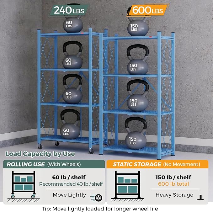 DEANIC 4 Tier Foldable Storage Shelves with Wheels, Large Capacity Shelving Unit, Freestanding Metal Wire Shelf Rack, No Assembly Organizer Rack for Garage Kitchen, Basement, Pantry(Blue Pack of 2) - Image 8