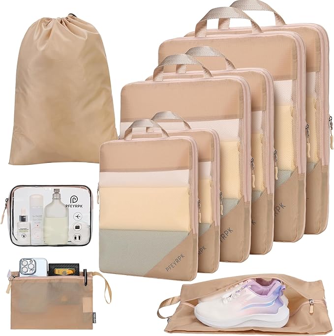 PFEYRPK Lightweight Compression Packing Cubes for Suitcases, Compressible Expandable Travel Packing Organizer with Clear Toiletries and Backpack Bag, Travel Essentials for Carry on Luggage 7 Set by PFEYRPK