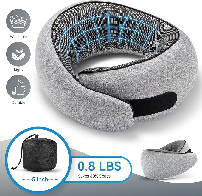 SZXYX Neck Travel Pillows - 100% Pure Memory Foam Neck Pillow for Airplanes, Comfortable Breathable Cover, 360° Support Stowable Pillows for Sleeping, Car, Airport Travel Essentials, Heather Gray - Image 5