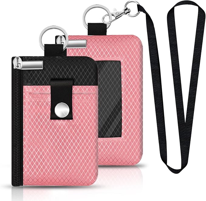 Minimalist RFID Blocking Small Wallet with ID Window,WaterResistant Zip Id Case Wallet with Lanyard Keychain for Cards,Cash,Travel,Women,Men (Pink/Black) - Image 3