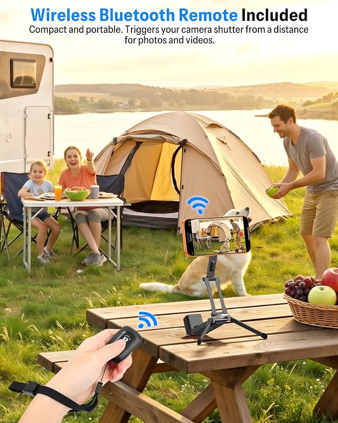 OMOTON TP02-Pro-BK, Basic Vlogging Kit: Dual-Sided Magnetic Phone Mount with 2 Bluetooth Remotes | Arca-type Base with a 1/4" Screw Hole, Selfie Stick with Rear Attachment Ring, for iPhone 12-17 Series, Gym Kitchen Travel - Image 2