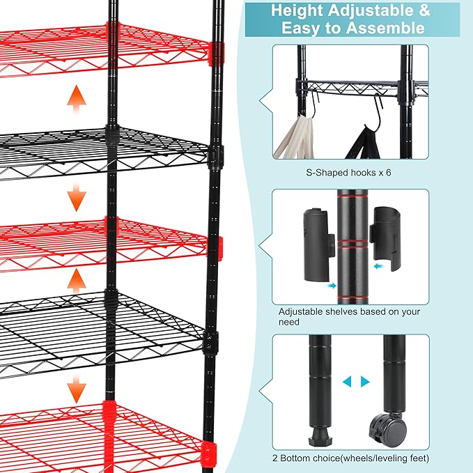 Whitmor 6 Tier Storage Shelves, Heavy Duty with Wheels, 400 lbs Capacity per Shelf, Max 2400 lbs Total, Adjustable Storage Units for Garage, Laundry, Plant, 30" L x 14" W x 70" H, Black - Image 5