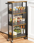 4-Tier Rolling Slim Storage Cart Kitchen Bathroom Laundry Organizer | 5.9"wide, wood rack tier, with 3 hooks, carbon steel, suitable for compact spaces, 360° swivel wheels with brakes, black by Giwil