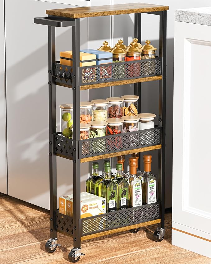 4-Tier Rolling Slim Storage Cart Kitchen Bathroom Laundry Organizer | 5.9"wide, wood rack tier, with 3 hooks, carbon steel, suitable for compact spaces, 360° swivel wheels with brakes, black by Giwil