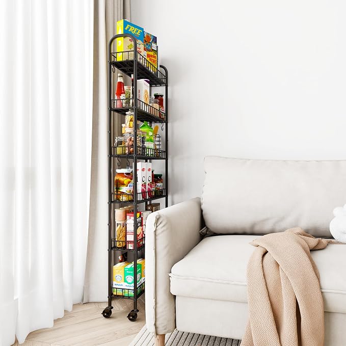 Slim Rolling Storage Cart with Wheels, Metal 6 Tier Spice Rack Mobile Shelving Unit Organizer Kitchen Utility Cart for Office Bathroom Kitchen Laundry Room Narrow Places (6inches) - Image 9