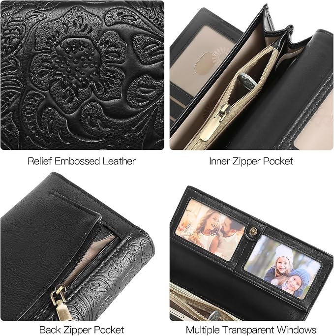 GOIACII Wristlet Wallets for Women RFID Blocking Western Clutch Black | Embossed Leather, Vintage Design, Trifold, Large Billfolds, Ladies Purses with Zipper Coin Pocket - Image 7