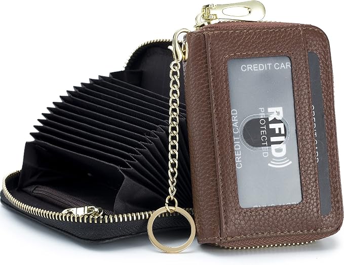 imeetu Rfid Credit Card Holder, Businese Card Case, Wallet for Women Men | Genuine Leather Card Wallet with id Window, Keychain & Double Zipper, Water-resistan Small Wallet with Gift Box, Daily Travel by imeetu