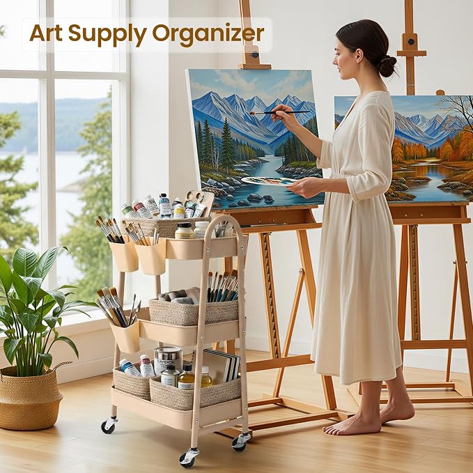 3-Tier Rolling Utility Cart with 4 Woven Baskets, Diaper Book Snack Cart, Storage Organizer for Nursery, Kitchen, Craft Room, Home SPA, Living Room, Metal Frame Trolley on Lockable Wheels, Brown - Image 4