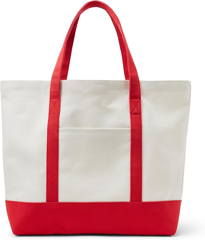Amazon Essentials Unisex Adults' Large Heavy Duty Canvas Beach Tote Bag, Natural/Red, One Size by AmazonEssentials