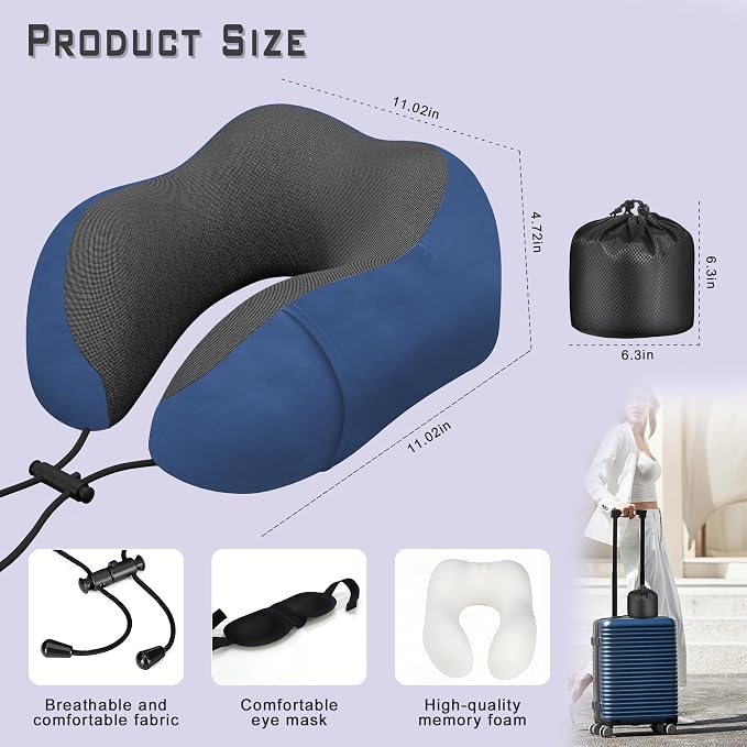 Travel Neck Pillow,Neck Pillow for Sleeping Travel,Airplane, Car, Office | Upgraded Memory Foam Neck Pillow for Travel,Machine Washable, Adjustable Flight Pillow, Suitable for Sleeping (Blue) - Image 2