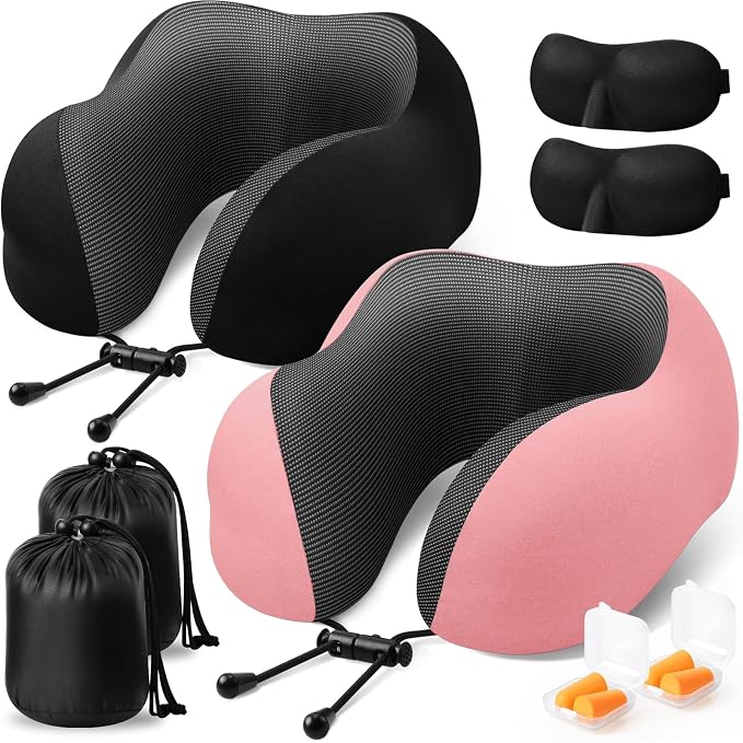 ExploreBliss Travel Pillow, Neck Pillow Airplane, Black & Pink | Travel Pillows for Airplanes, Neck Pillow Airplane, Memory Foam Neck Pillow Set with Eye Mask, Earplugs by ExploreBliss