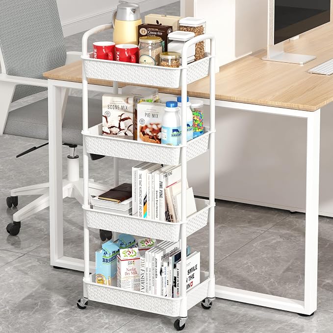MOYIPIN 4-Tier Plastic Rolling Utility Cart with Handle,White | Utility Storage Cart for Office, Living Room, Kitchen,Movable Storage Organizer，Easy installation，Rattan-like art design - Image 3
