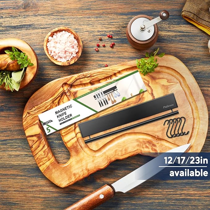 12 Inch Magnetic Knife Holder with 5 Hooks, No Drilling Black Magnetic Strip and Utensil Hanger for Wall - Image 2