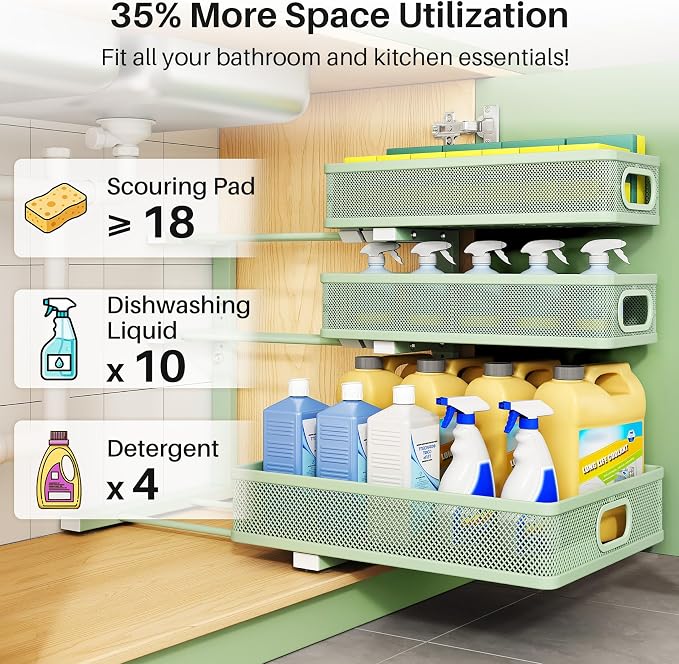 Kitstorack Under Sink Organizer, 2-Pack 3-Tier Height Adjustable Thickened Metal Pull out Cabinet Organizer Shelf, Slide out Storage Drawer Rack for Bathroom Kitchen Pantry Home Organization, Green - Image 4