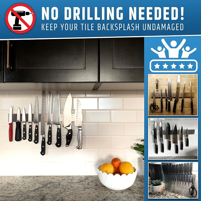 17" Strong Adhesive (No Drill) Magnetic Knife Holder for Wall - Professional Knife Strip - No Screws Needed - Adhesive Backing - Stainless Steel Knife Bar (Upgraded Version – Will Not Fall) - Image 6