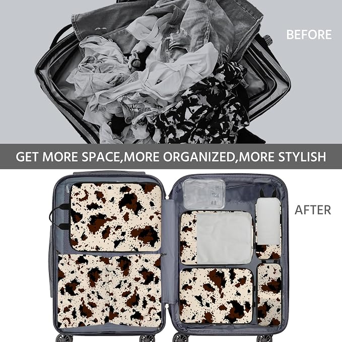 7 Pcs Compression Packing Cubes for Travel, Waterproof Suitcase Luggage Backpack Organizer with Toiletry Bag Travel Essentials for Women/Men-Cow Print - Image 8