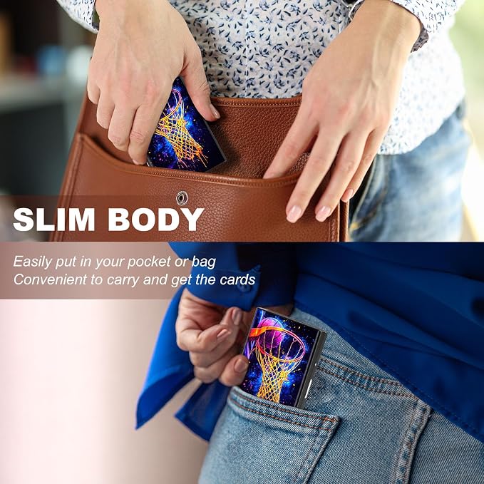 Metal Wallet,Credit Card Holder for Women,Slim RFID Blocking Credit Card Holder Thin Aluminum Wallet ID Case,6 Slot Business Mini Hard Metal Case for Women/Men,Purple Basketball - Image 4