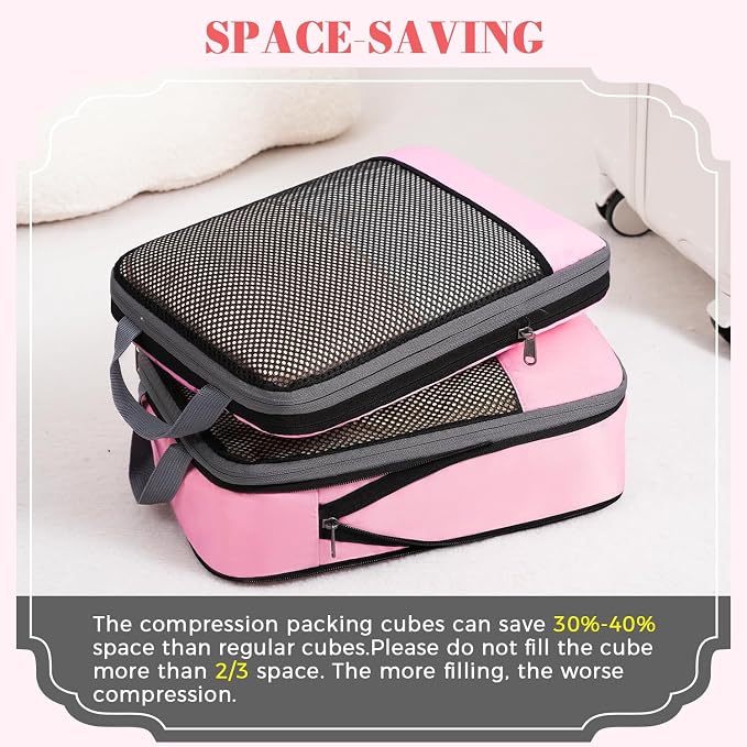 BAGAIL 4 Set/6 Set/8 Set Compression Packing Cubes Travel Accessories Expandable Packing Organizers (Half Mesh, 6-Pink) - Image 5