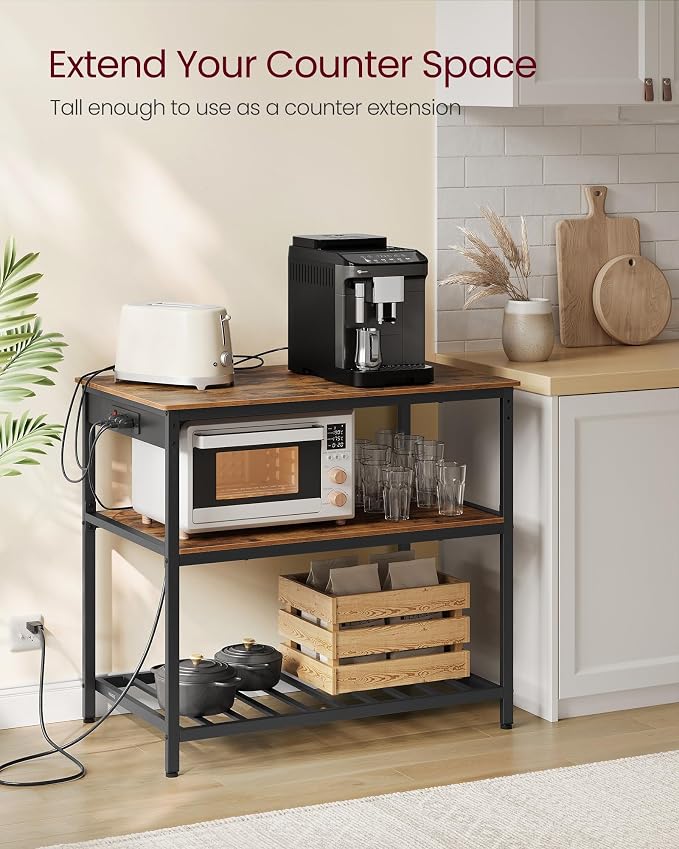 VASAGLE Kitchen Island with 3 Shelves, 39.4 Inches Width Kitchen Shelf with Power Strip, Large Worktop, Stable Steel Structure, Industrial, Easy to Assemble, Rustic Brown and Black UKKI105K01 - Image 4