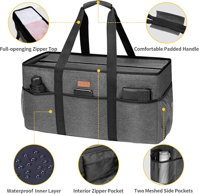 LHZK Stand Up Extra Large Utility Tote Bag with Lid, Utility Tote Bag with Metal Wire Frame and the Sides Rinforced, Reusable Grocery Bags Foldable, Beach Bag, Car Tote (Gray) - Image 5