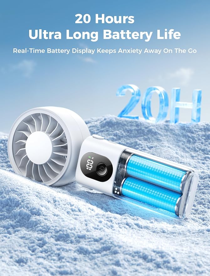 Aecooly Mighty Portable Handheld Fan | 20H Max Cooling | 3 Flexible Modes | 5 Speeds Wind | Battery Level Display | USB Rechargeable Mini Personal Battery Powered, Gifts for Women, Travel -White - Image 6