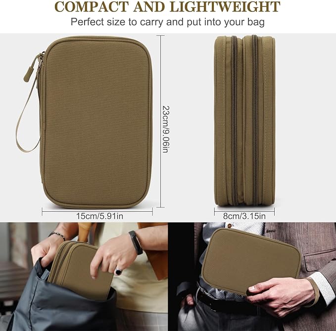 FYY Electronic Organizer, Travel Tech Pouch Bag, Large, Brown | Wrist Strap, Waterproof, Double Layers Portable Electronics Travel Carrying Case for Cord, Charger, Daily Business Trips Use - Image 2